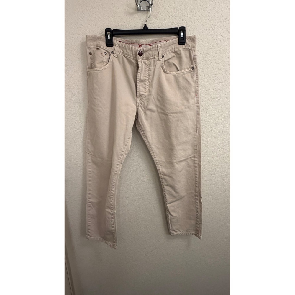Isaia Napoli Men Beige Tan Denim Jeans Coral Logo Button Fly Size 52 IT